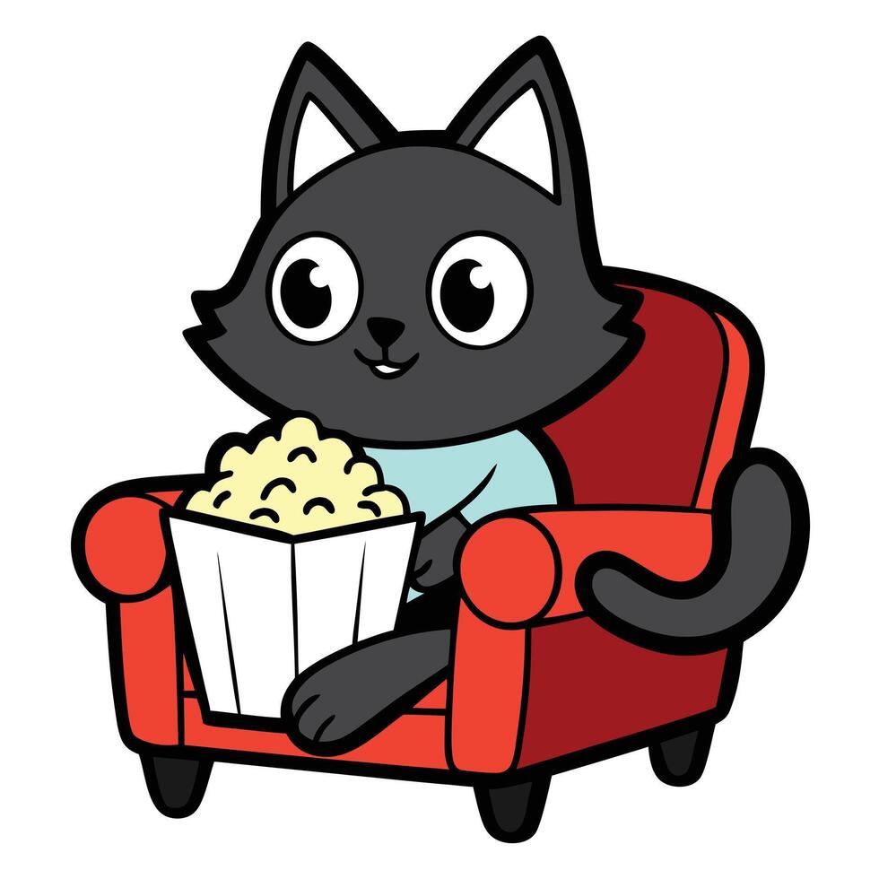 a cute cat sitting on a sofa holding a popcorn in solid background. vector