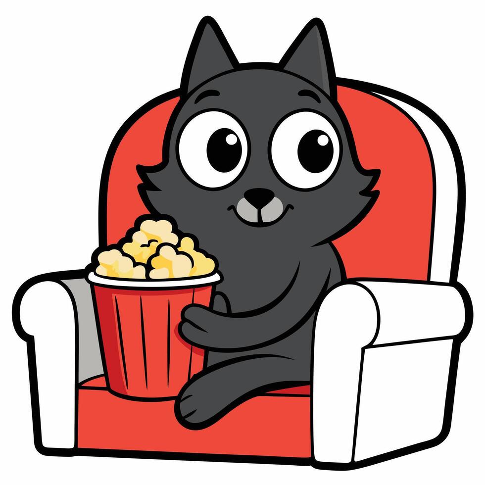 a cute cat sitting on a sofa holding a popcorn in solid background. vector