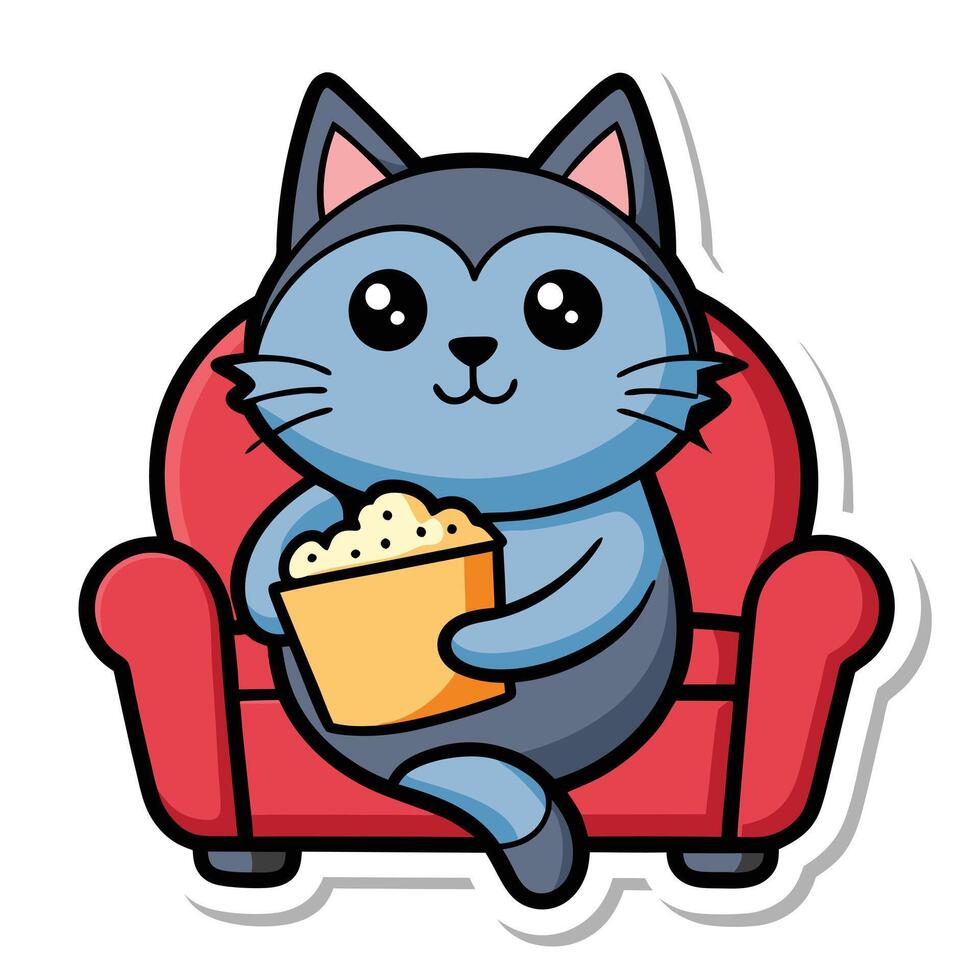 a cute cat sitting on a sofa holding a popcorn in solid background. vector