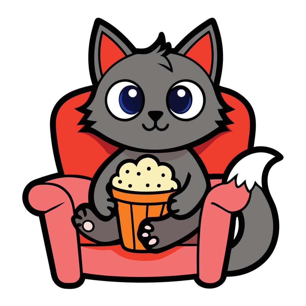 a cute cat sitting on a sofa holding a popcorn in solid background. vector