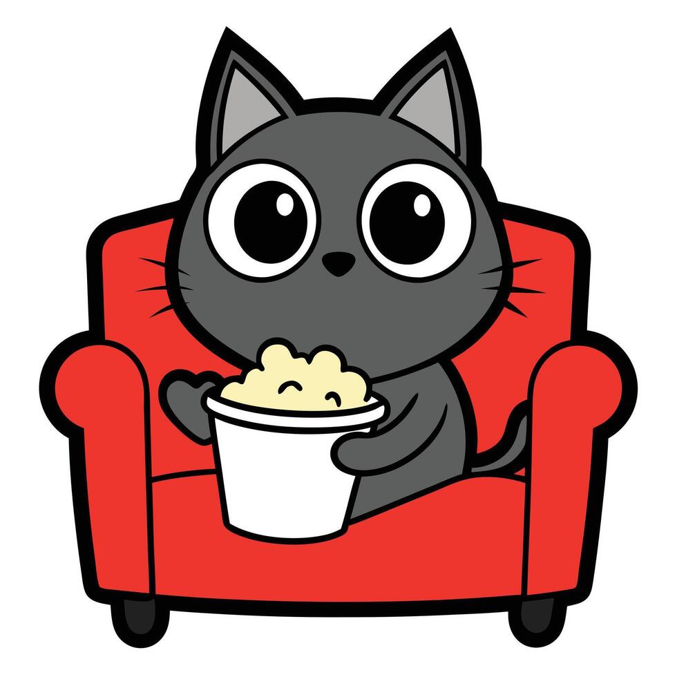 a cute cat sitting on a sofa holding a popcorn in solid background. vector