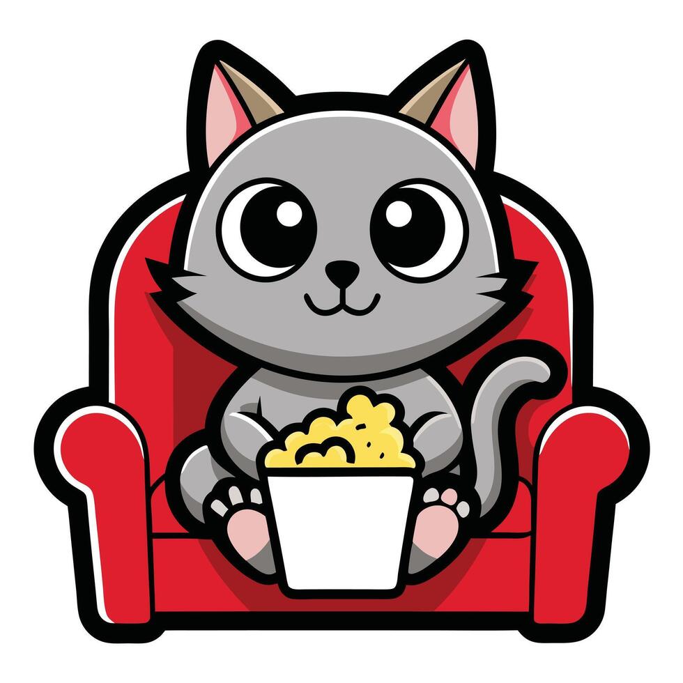 a cute cat sitting on a sofa holding a popcorn in solid background. vector