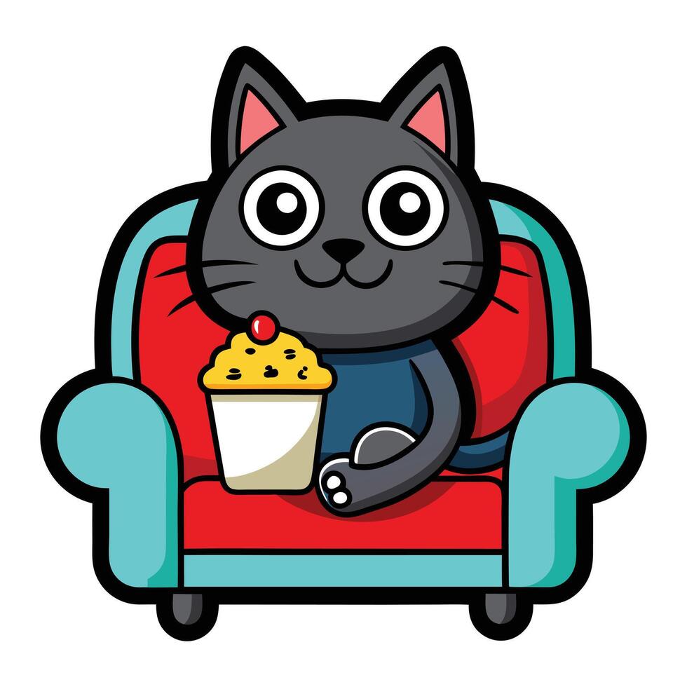 a cute cat sitting on a sofa holding a popcorn in solid background. vector