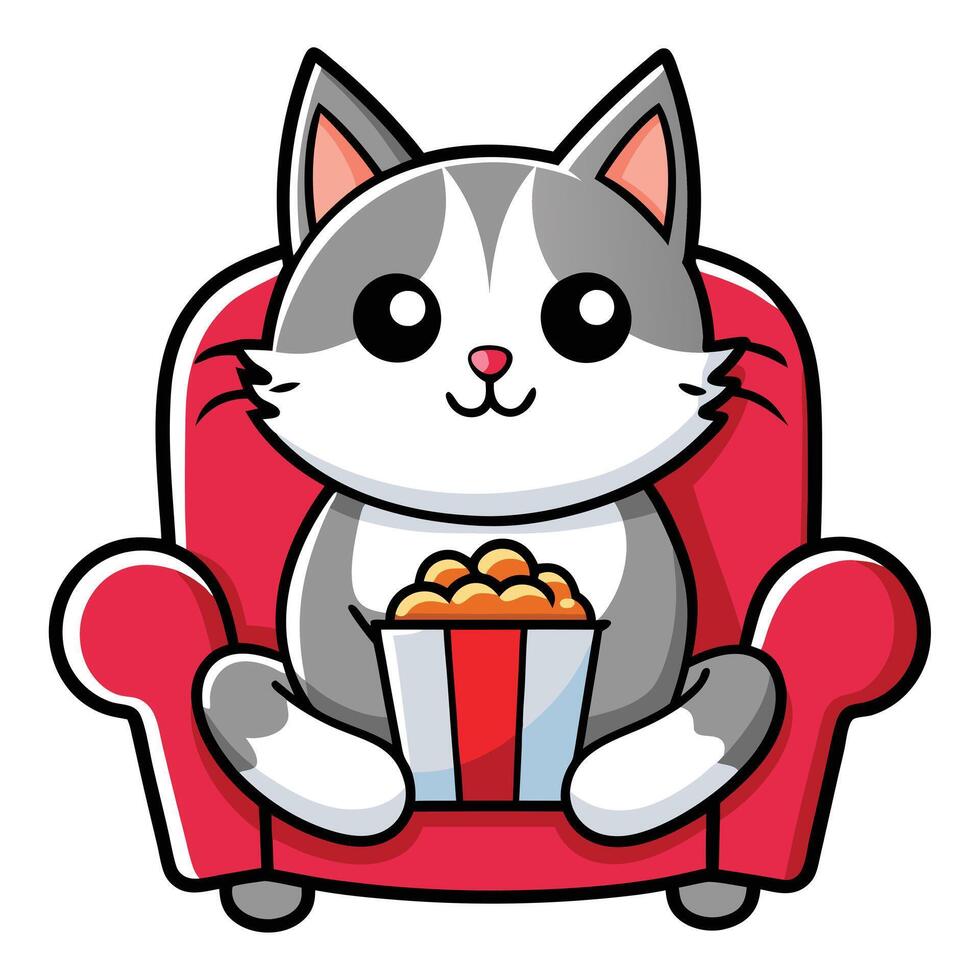a cute cat sitting on a sofa holding a popcorn in solid background. vector