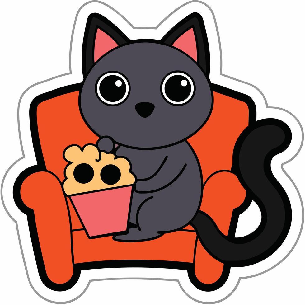 a cute cat sitting on a sofa holding a popcorn in solid background. vector