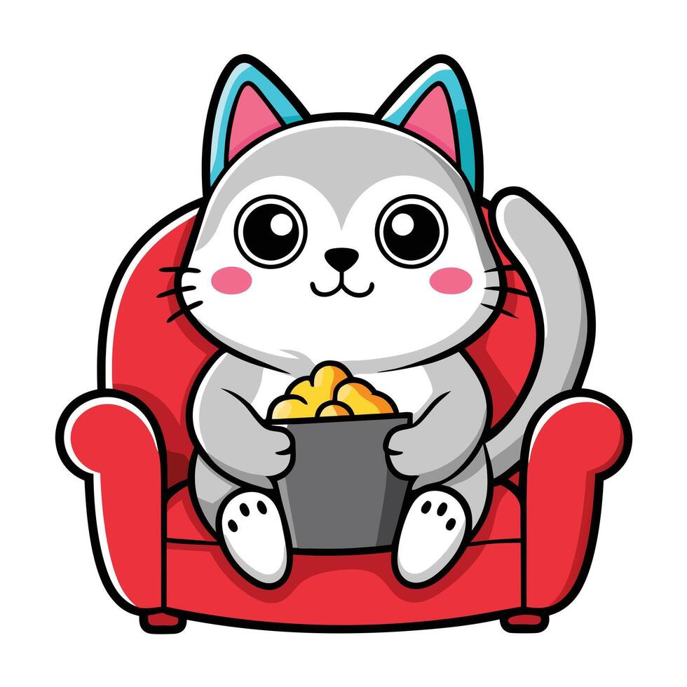 a cute cat sitting on a sofa holding a popcorn in solid background. vector