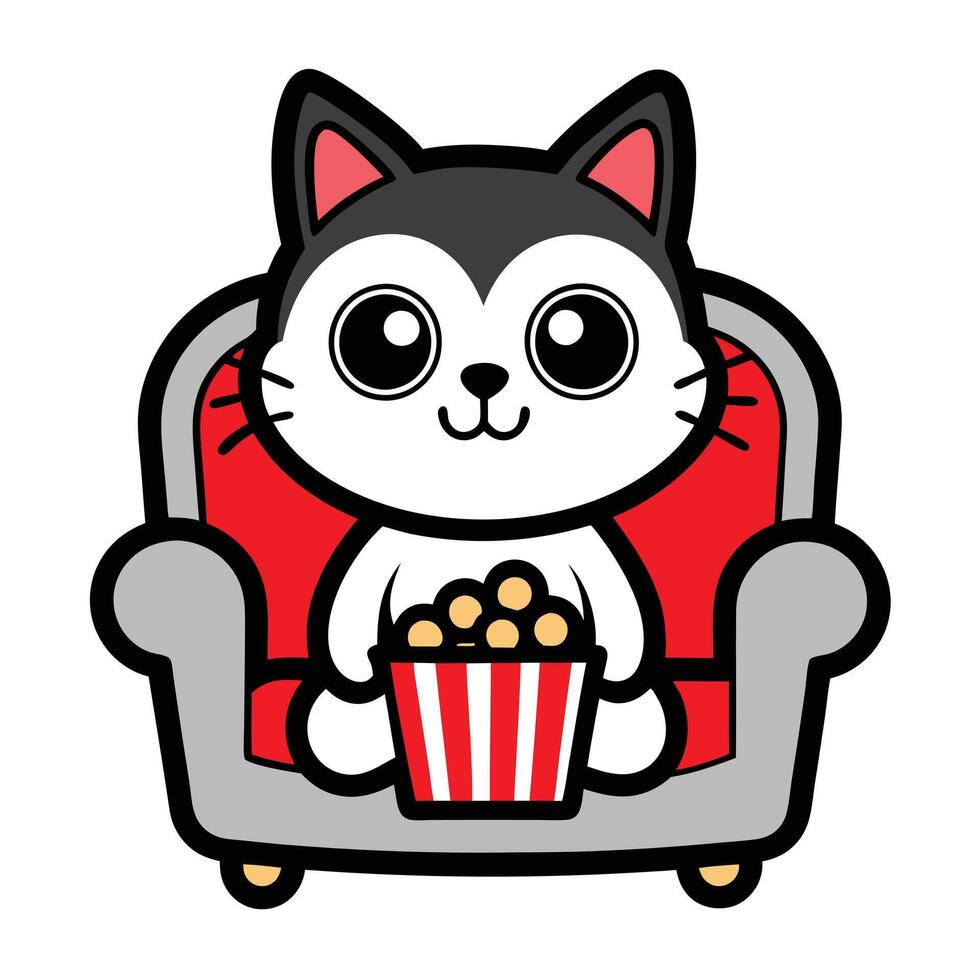 a cute cat sitting on a sofa holding a popcorn in solid background. vector