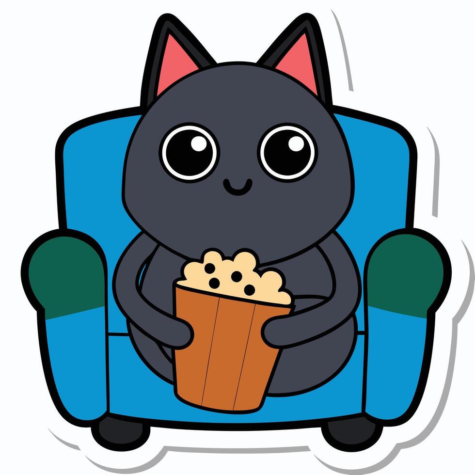 a cute cat sitting on a sofa holding a popcorn in solid background. vector
