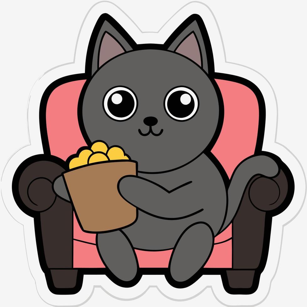 a cute cat sitting on a sofa holding a popcorn in solid background. vector
