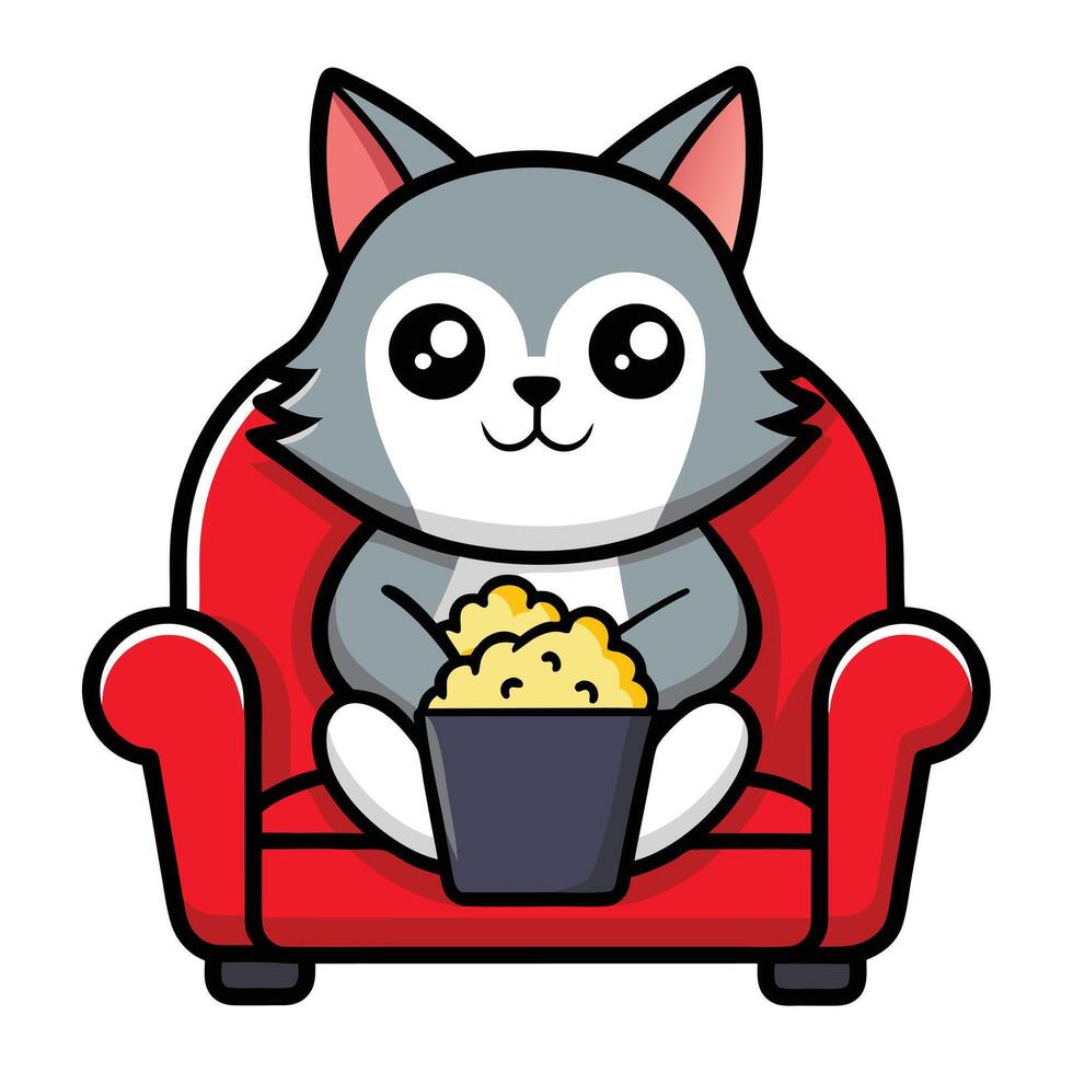a cute cat sitting on a sofa holding a popcorn in solid background. vector