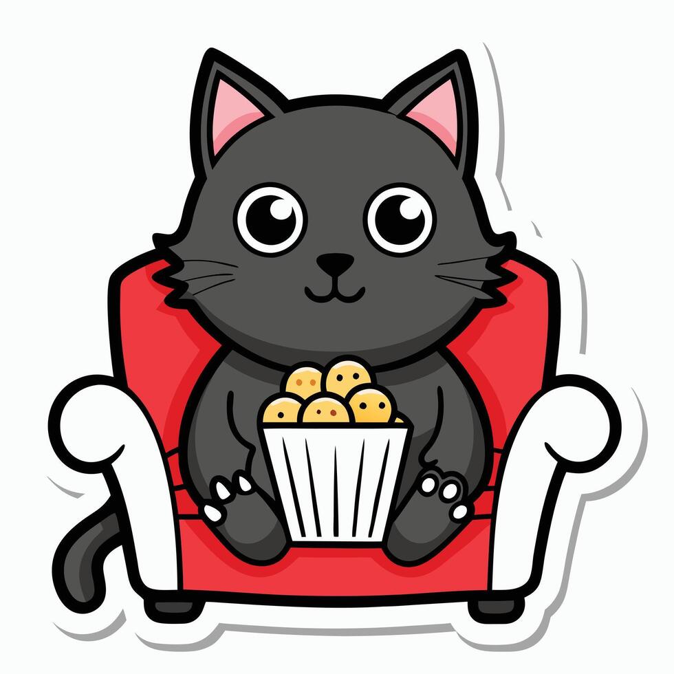 a cute cat sitting on a sofa holding a popcorn in solid background. vector