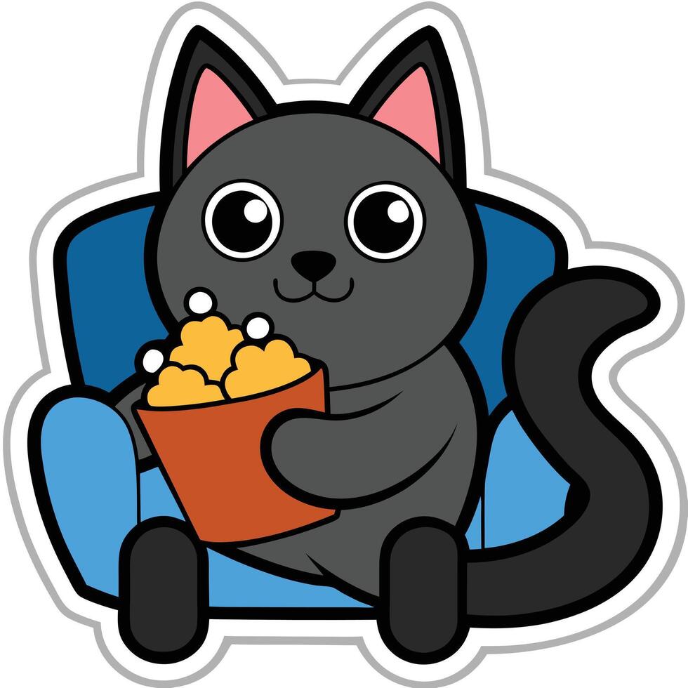 a cute cat sitting on a sofa holding a popcorn in solid background. vector