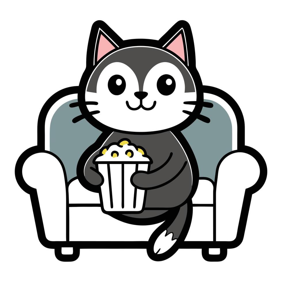 a cute cat sitting on a sofa holding a popcorn in solid background. vector
