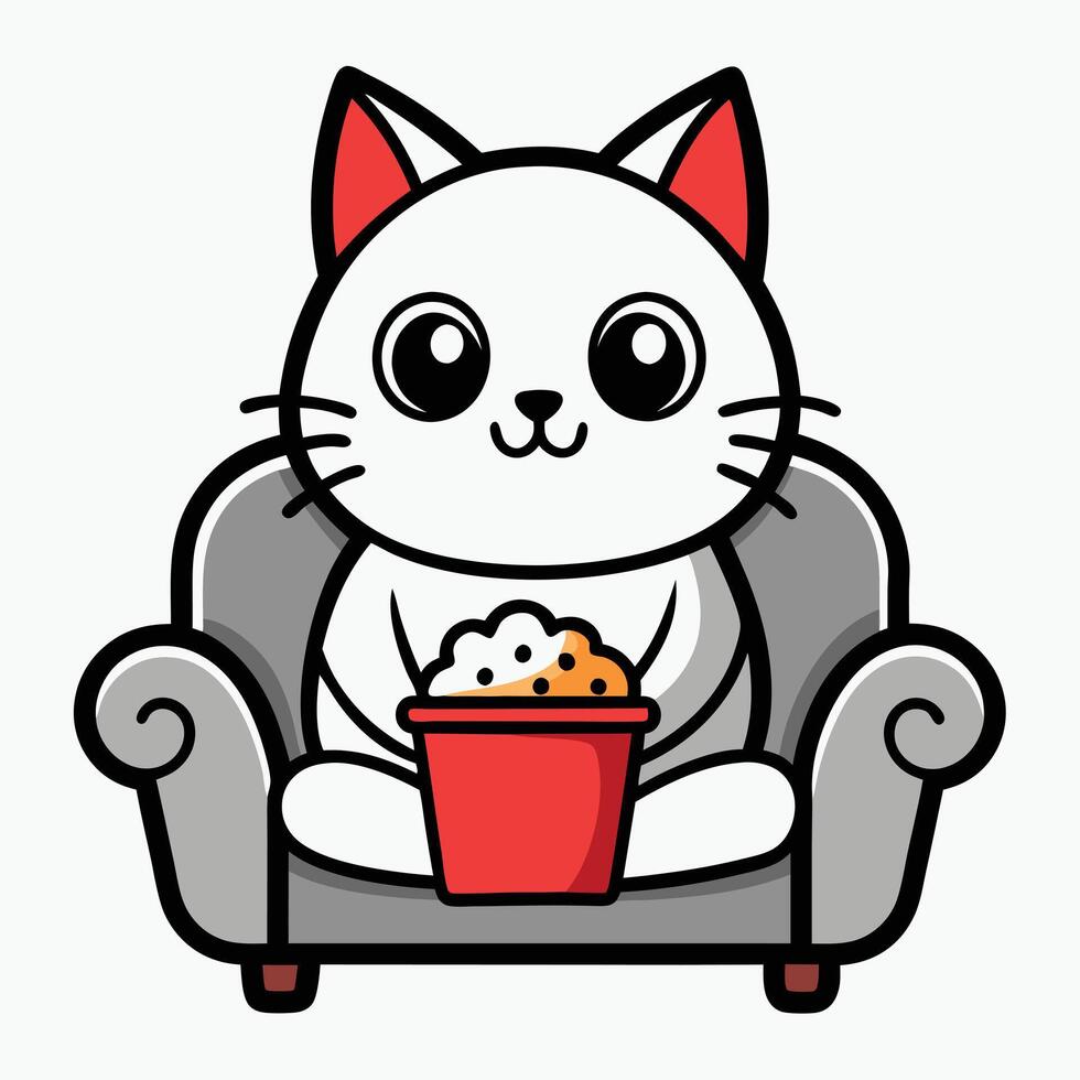 a cute cat sitting on a sofa holding a popcorn in solid background. vector