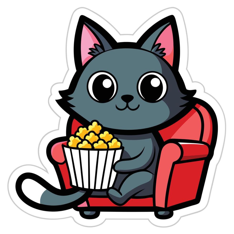 a cute cat sitting on a sofa holding a popcorn in solid background. vector