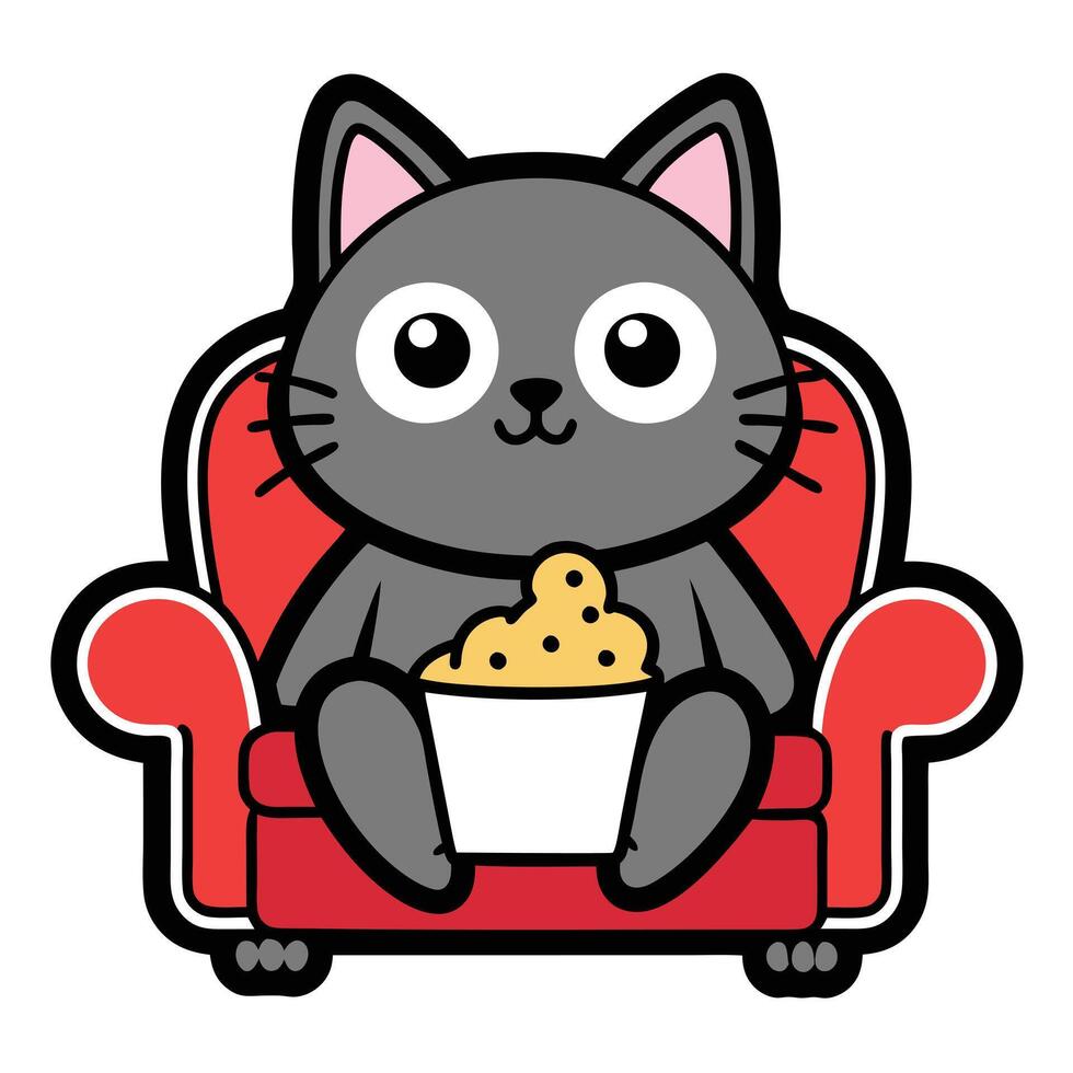 a cute cat sitting on a sofa holding a popcorn in solid background. vector