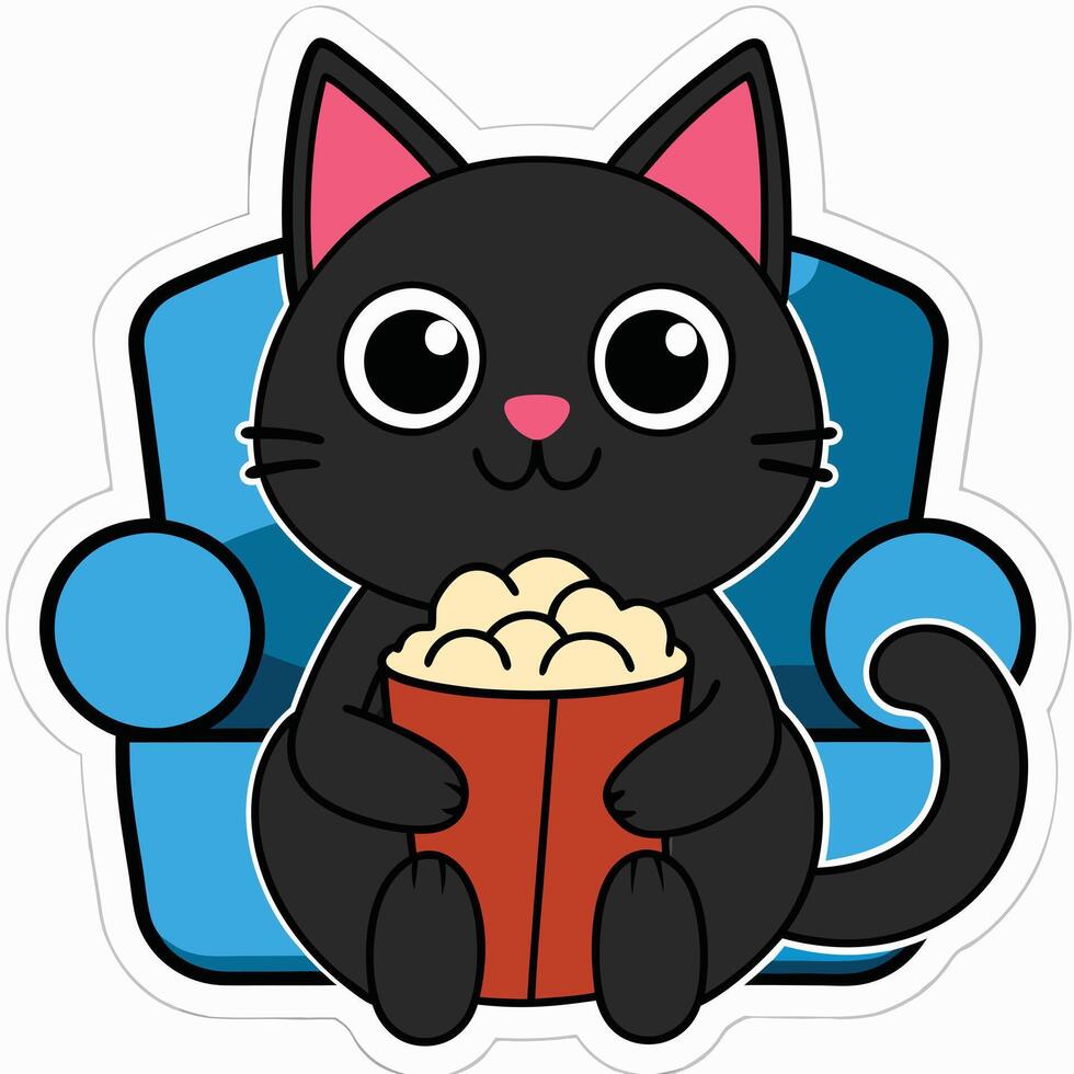 a cute cat sitting on a sofa holding a popcorn in solid background. vector