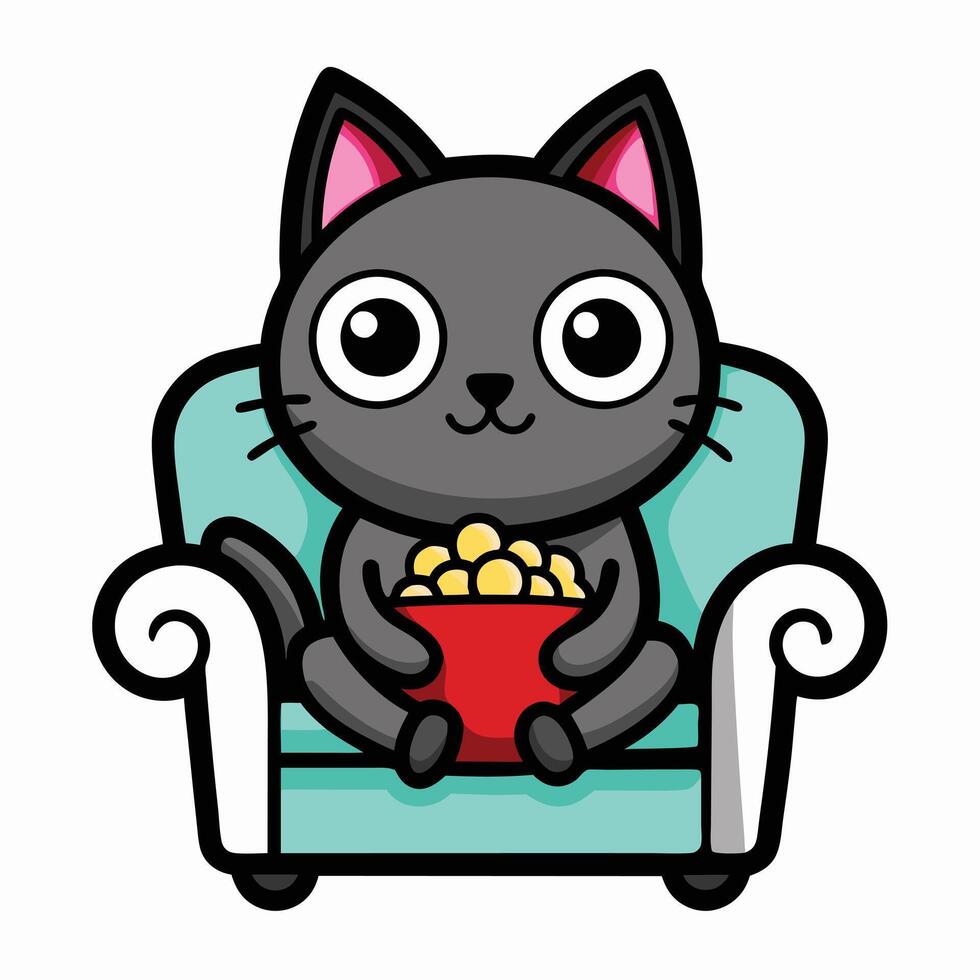a cute cat sitting on a sofa holding a popcorn in solid background. vector