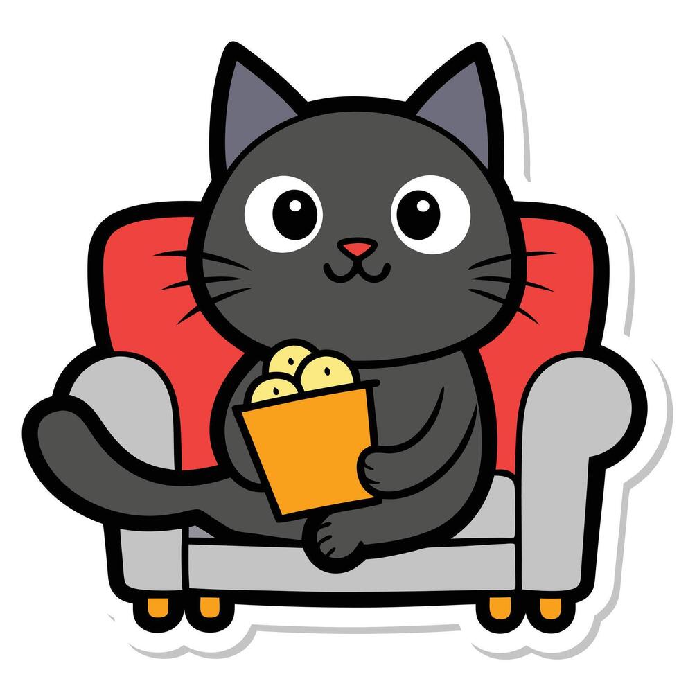 a cute cat sitting on a sofa holding a popcorn in solid background. vector