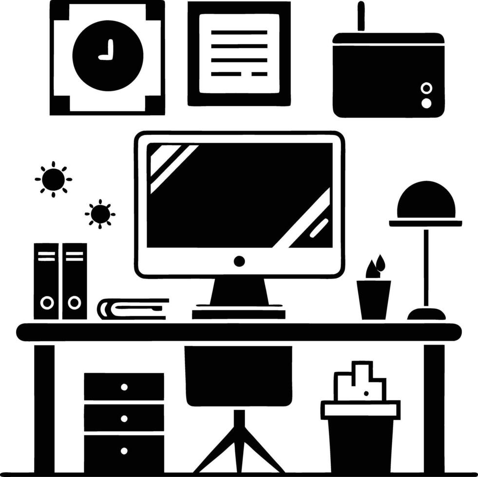 computer workspace silhouette illustration black and white vector