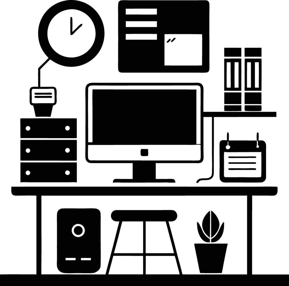 computer workspace silhouette illustration black and white vector