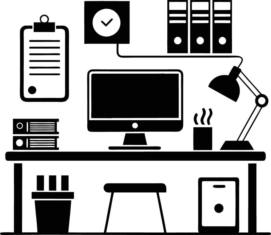 computer workspace silhouette illustration black and white vector