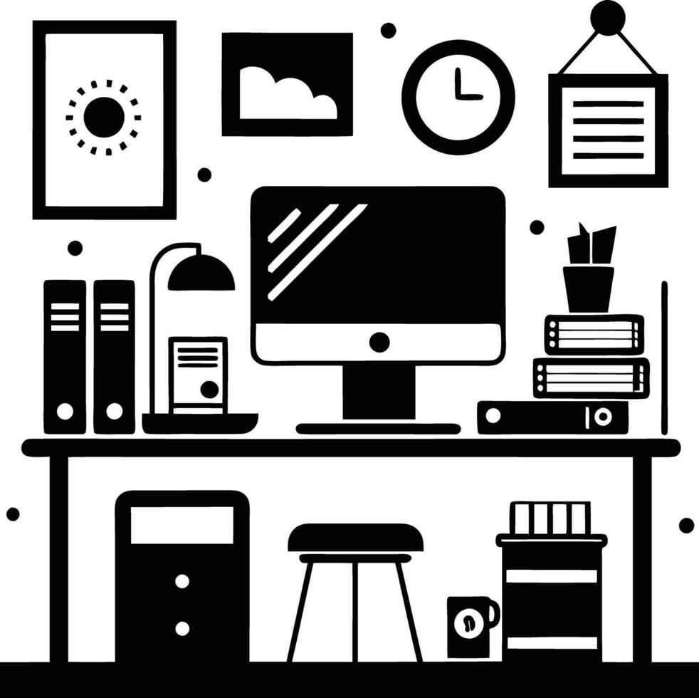 computer workspace silhouette illustration black and white vector