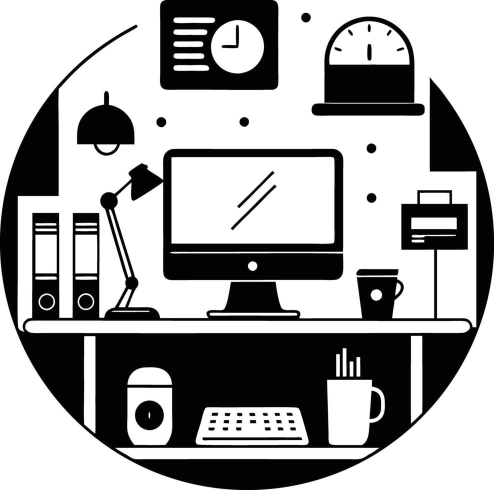 computer workspace silhouette illustration black and white vector