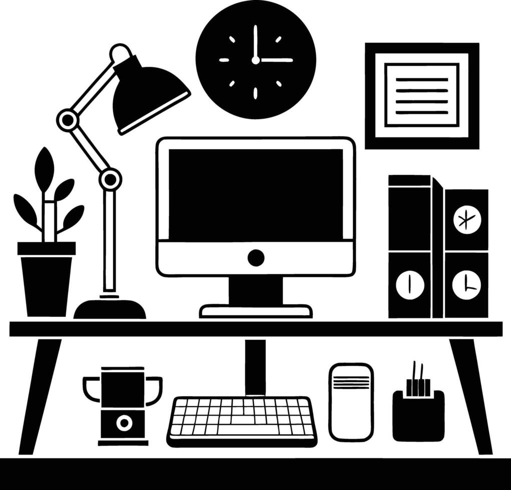 computer workspace silhouette illustration black and white vector
