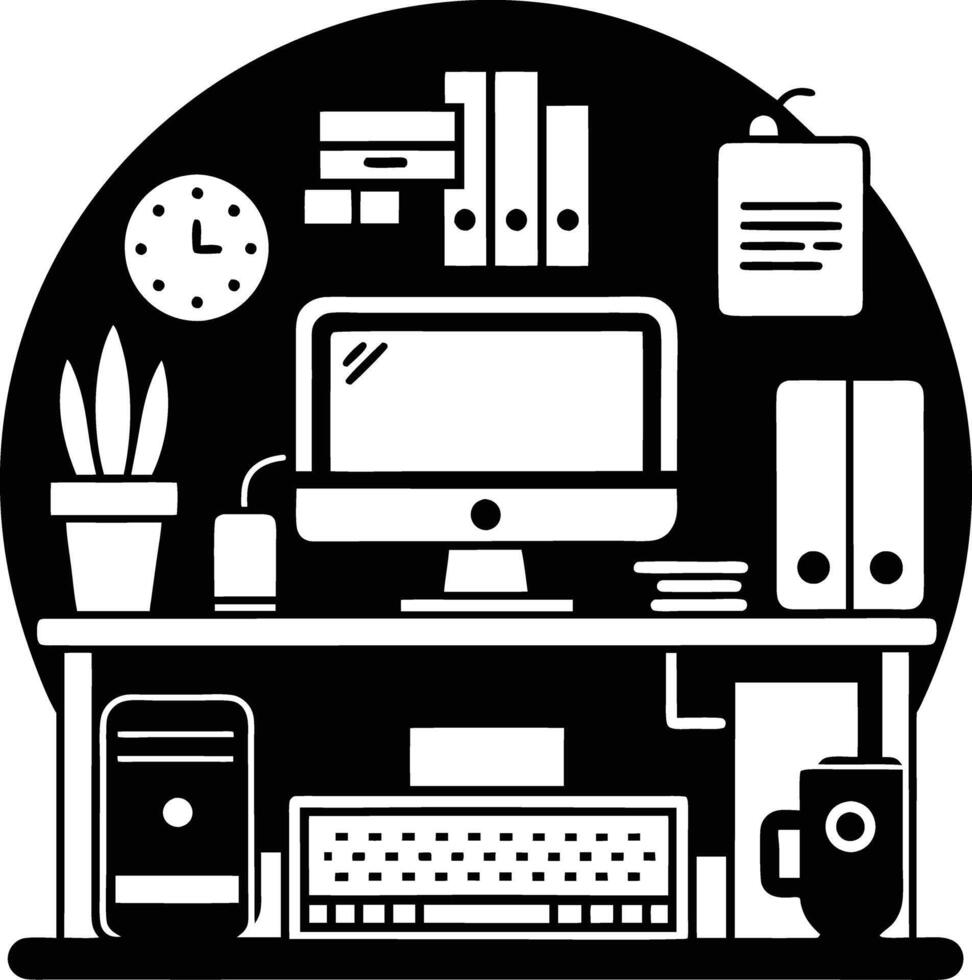 computer workspace silhouette illustration black and white vector