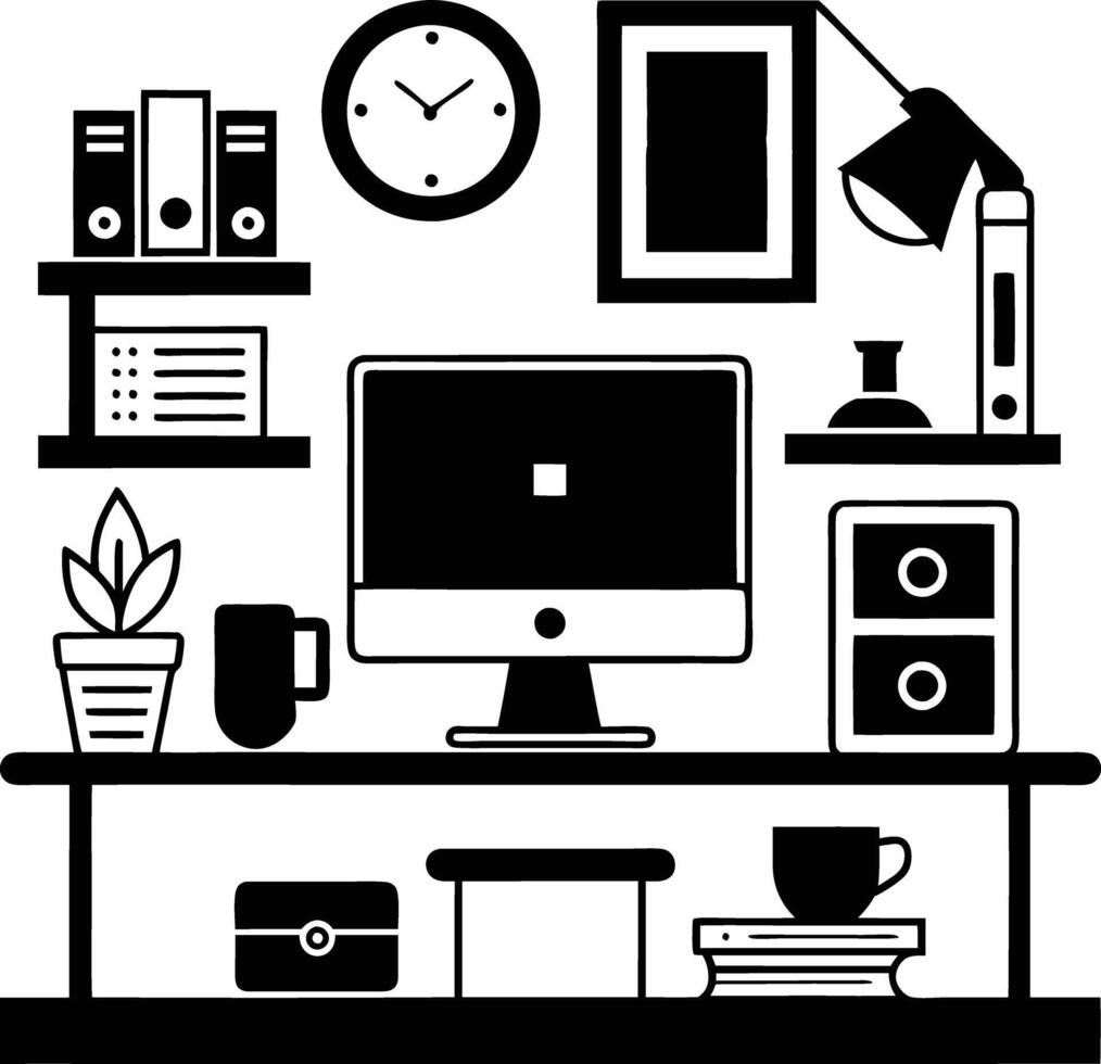 computer workspace silhouette illustration black and white vector