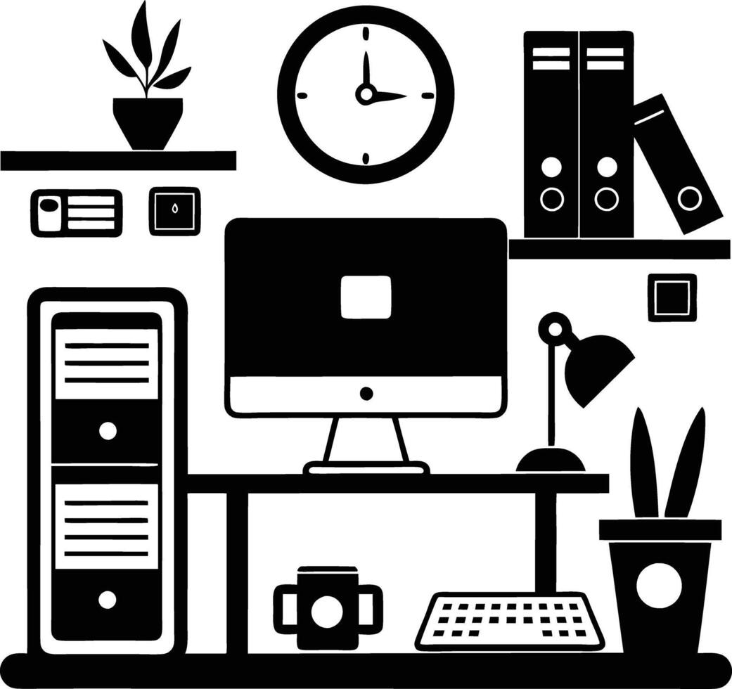 computer workspace silhouette illustration black and white vector