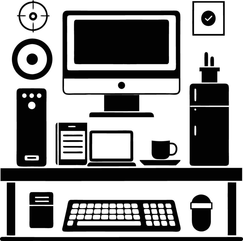 computer workspace silhouette illustration black and white vector