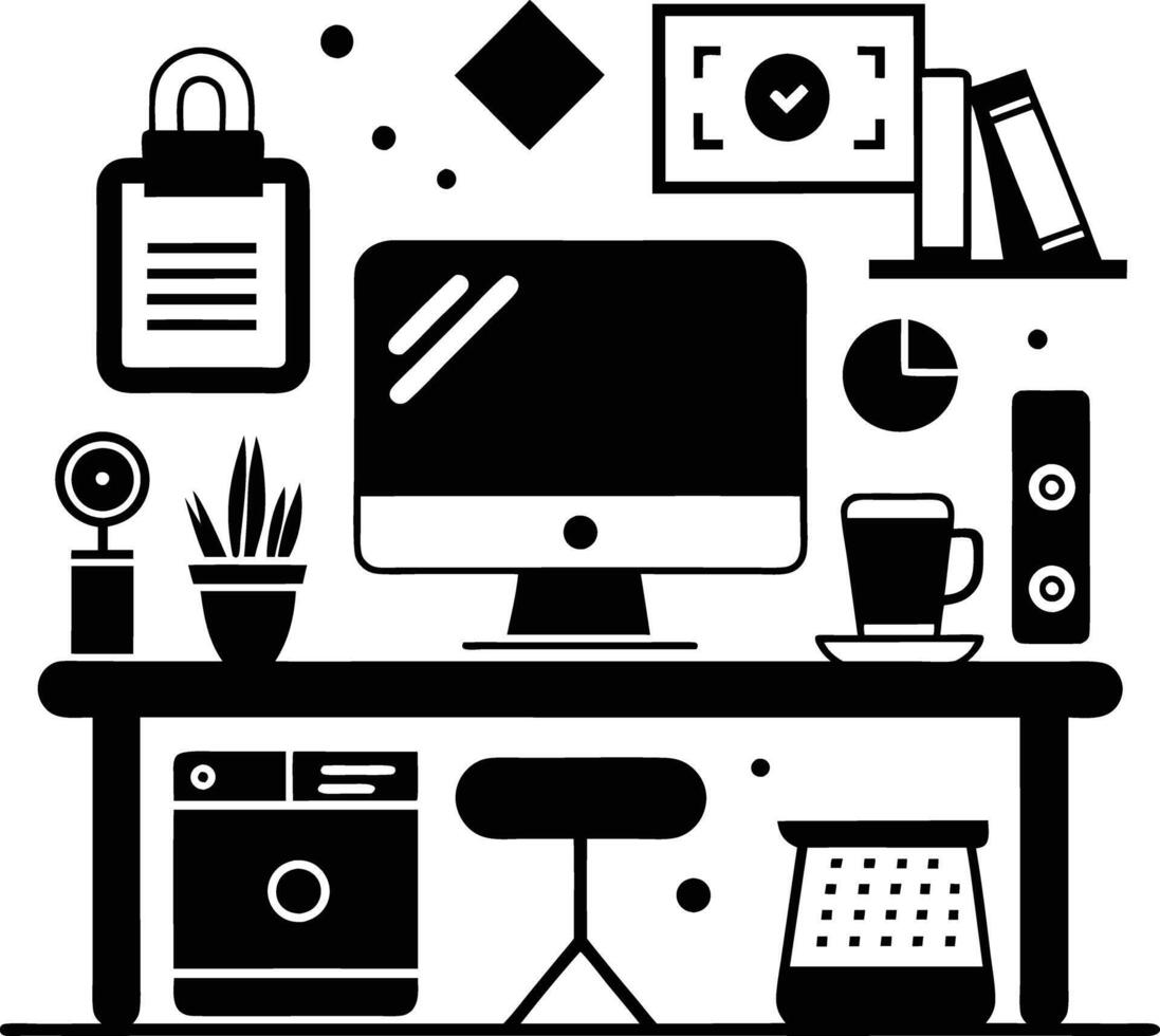 computer workspace silhouette illustration black and white vector