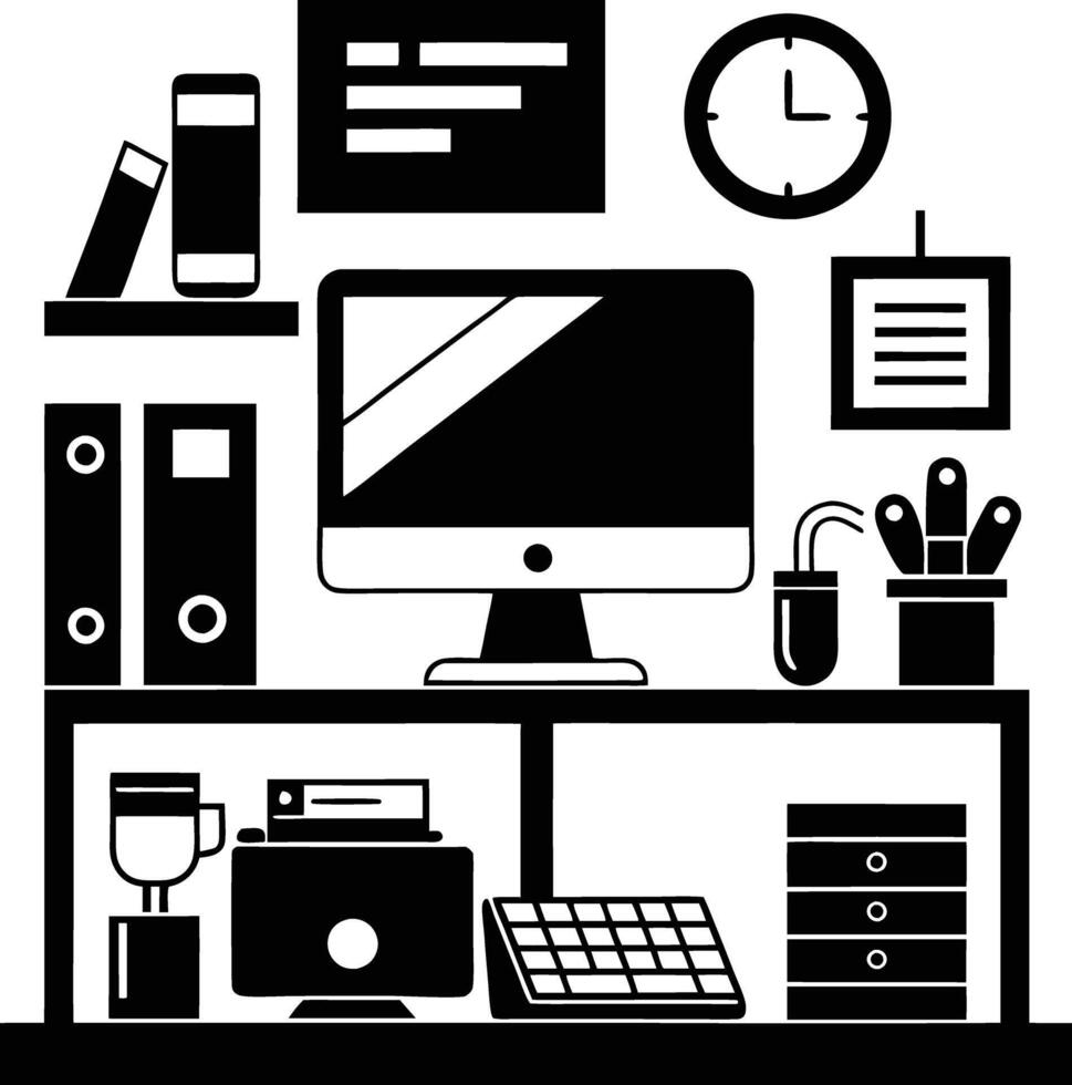 computer workspace silhouette illustration black and white vector