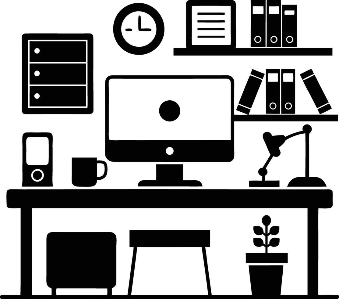 computer workspace silhouette illustration black and white vector