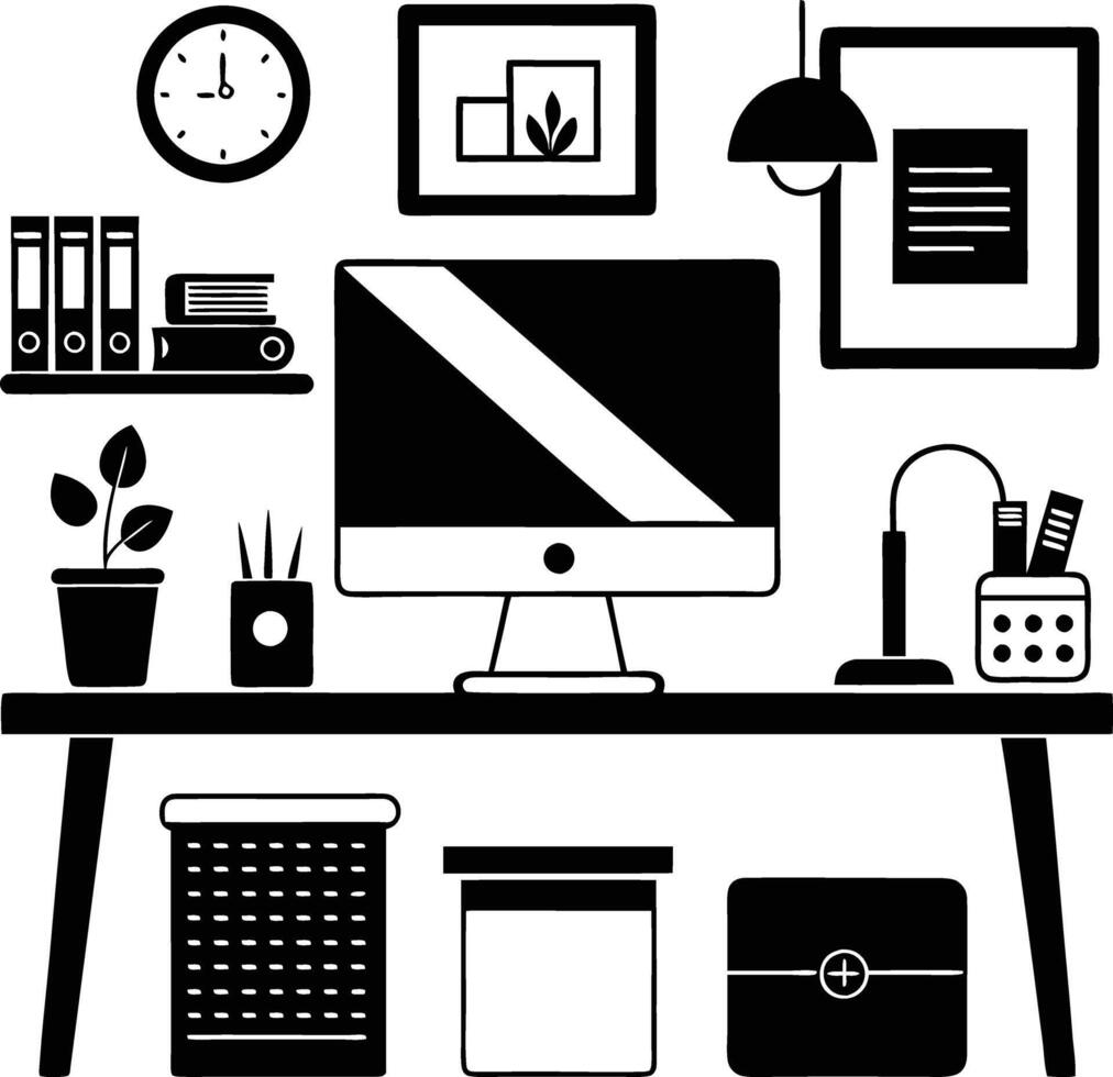 computer workspace silhouette illustration black and white vector