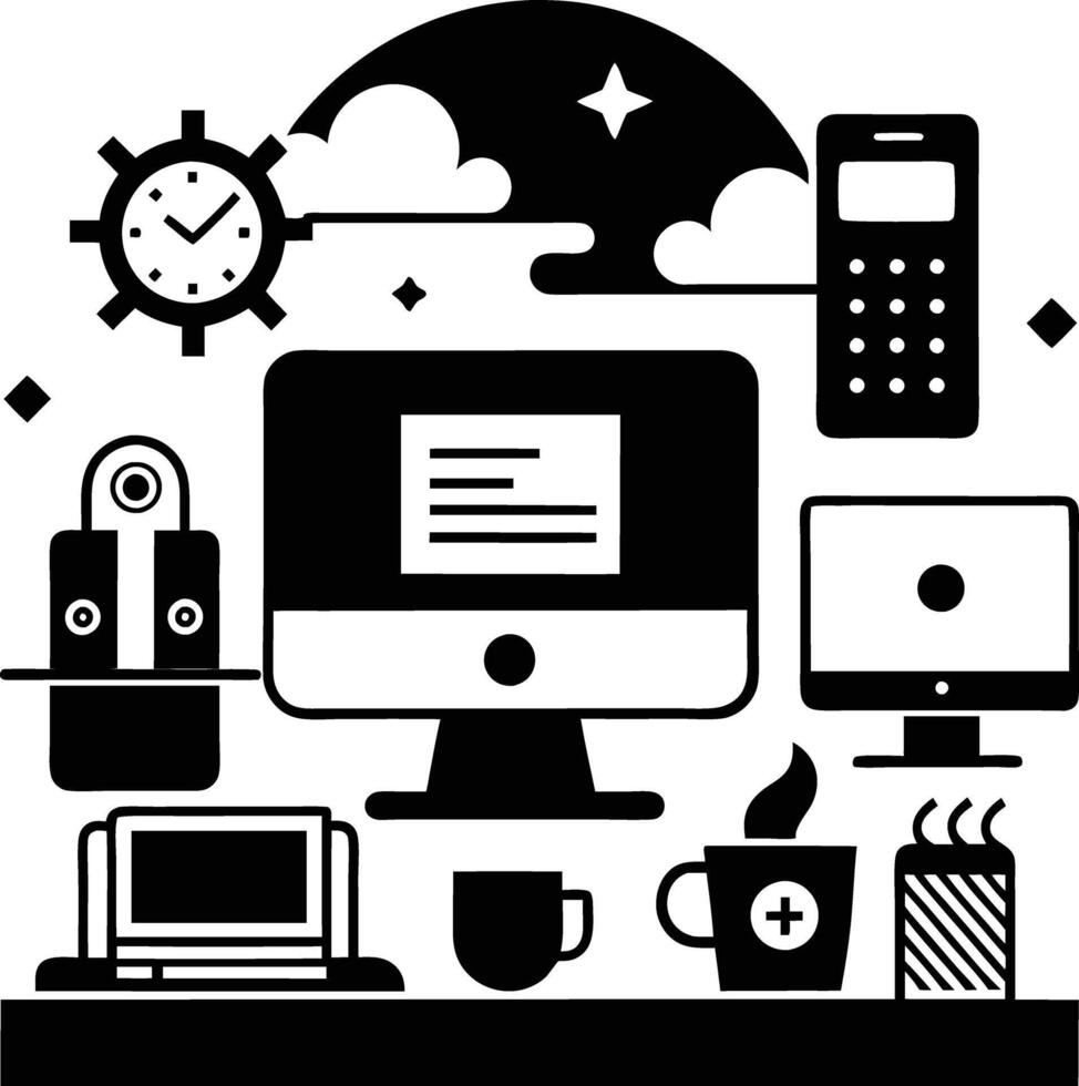 computer workspace silhouette illustration black and white vector