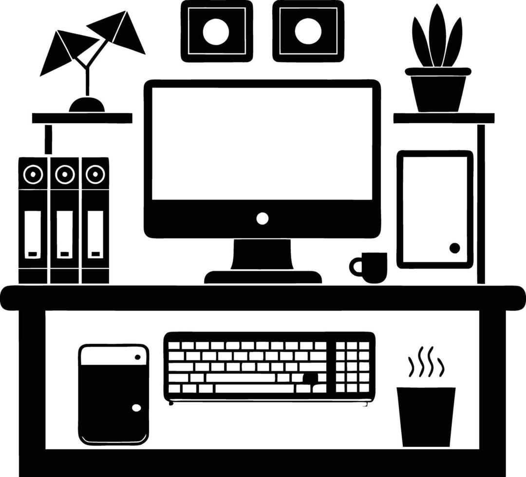 computer workspace silhouette illustration black and white vector