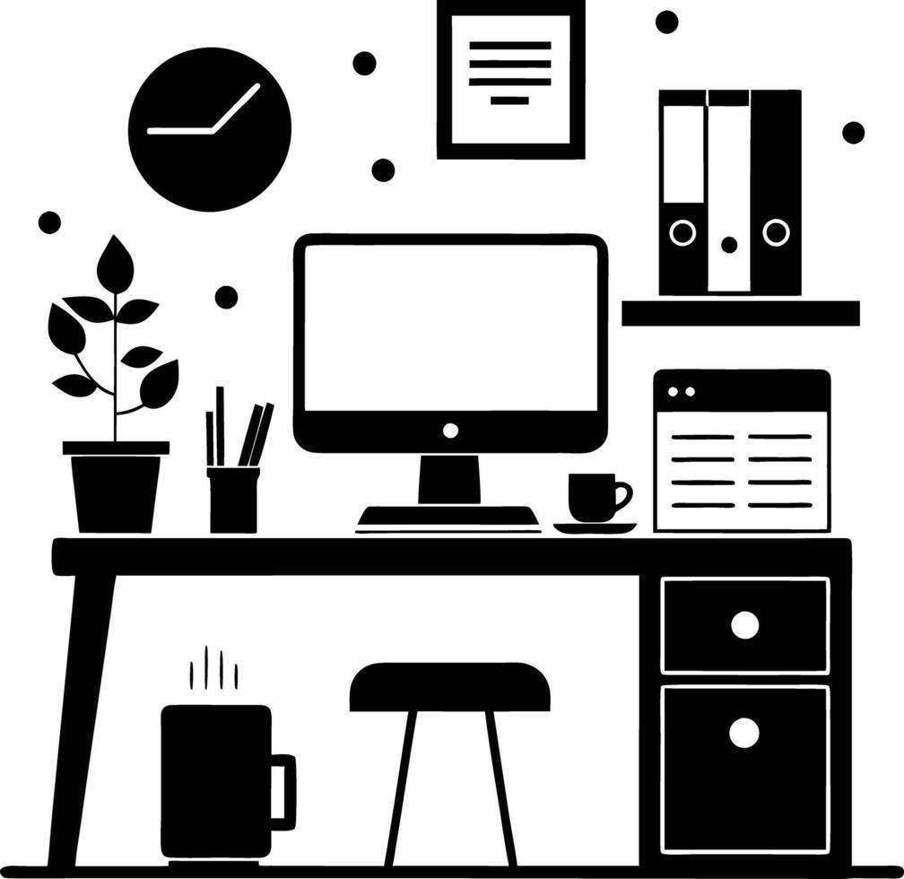 computer workspace silhouette illustration black and white vector