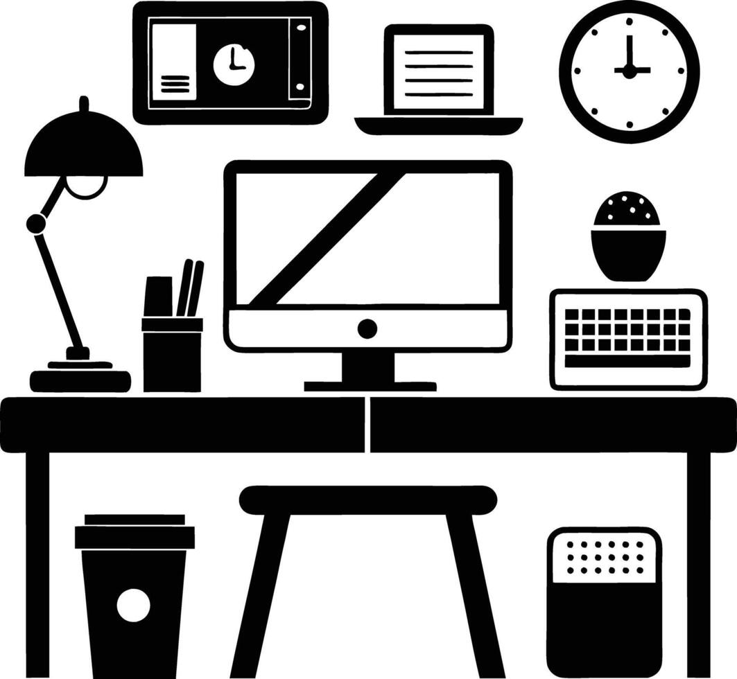 computer workspace silhouette illustration black and white vector