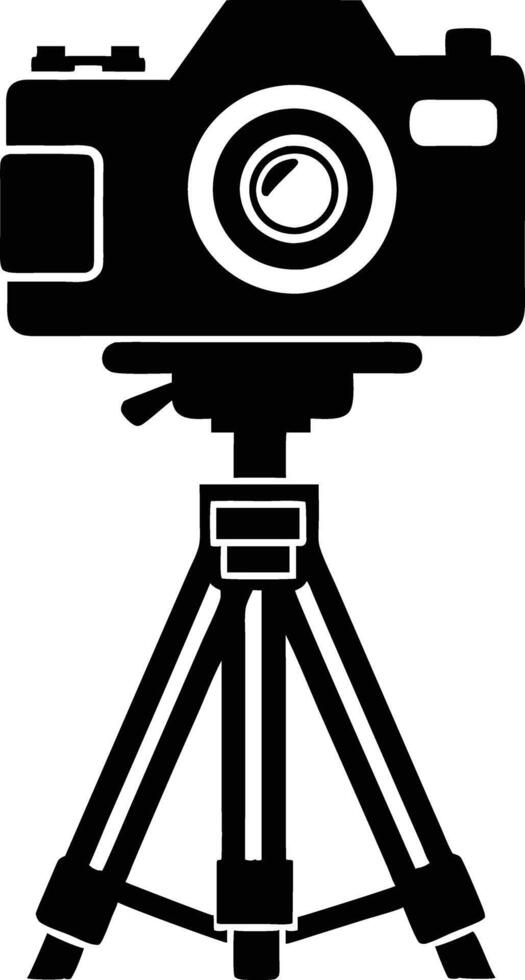 camera stand with camera illustration black and white vector