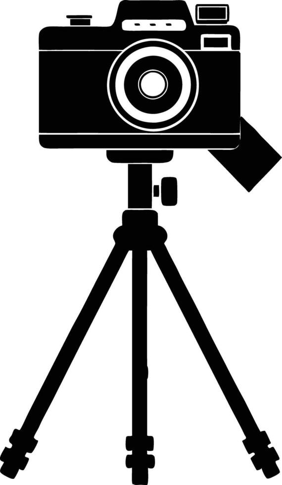 camera stand with camera illustration black and white vector