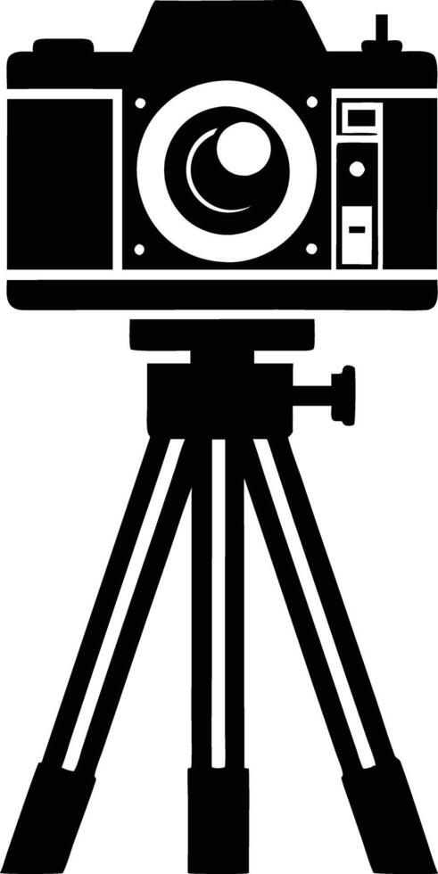 camera stand with camera illustration black and white vector