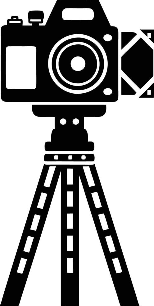 camera stand with camera illustration black and white vector