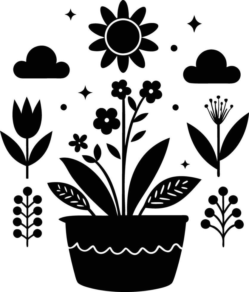 Charming Botanicals illustration black and white vector