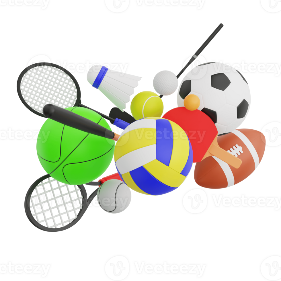 3d hacer colección de Deportes pelotas y equipo, incluso un tenis raqueta, un fútbol pelota, un béisbol murciélago, y muchos más png