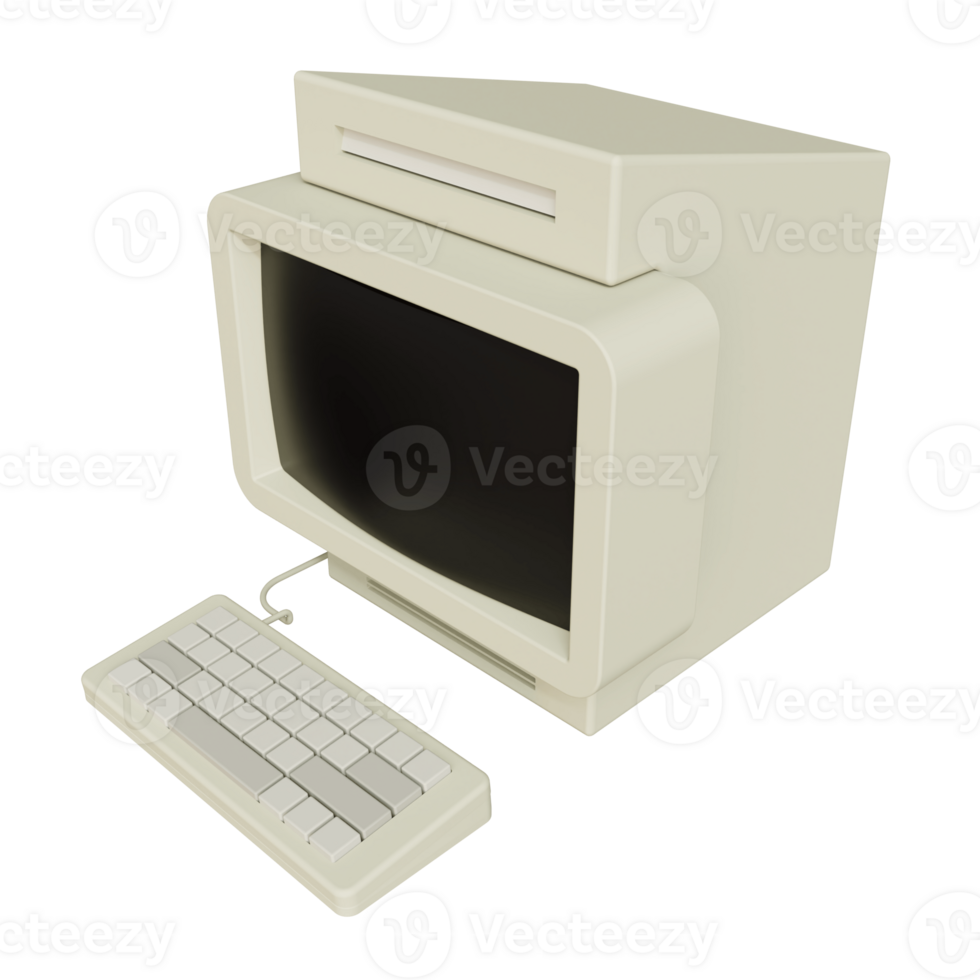 Vintage white Desktop PC with keyboard on transparent background. 3D rendering png