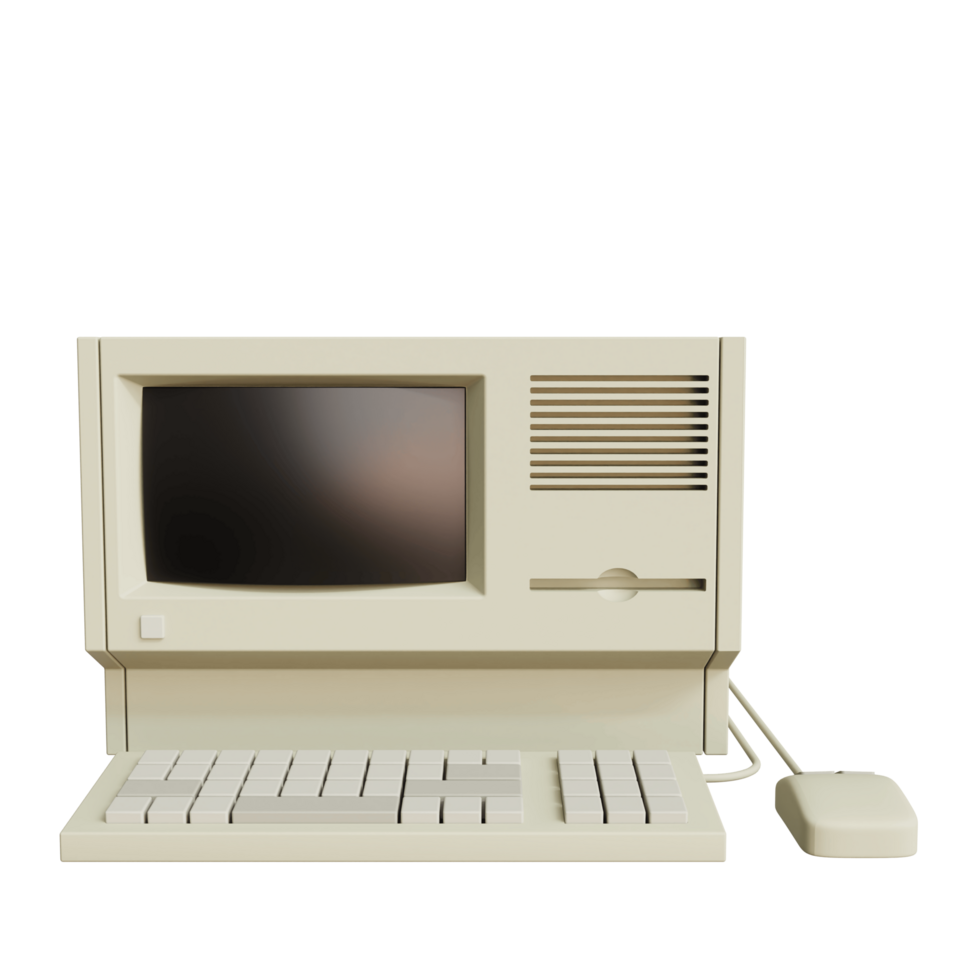 Vintage white Desktop PC with keyboard and mouse on transparent background. 3D rendering png
