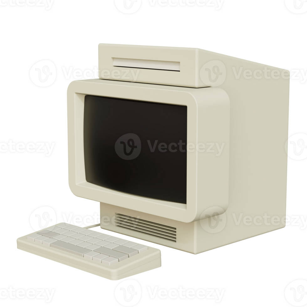 Vintage white Desktop PC with keyboard on transparent background. 3D rendering png